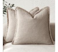 Foindtower Ensemble de 2 housses de coussin décoratives à franges en lin de style rustique avec pampilles pour chaise, canapé, sofa, lit, salon, intérieur, 45 x 45 cm, lin naturel