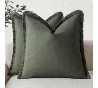 Foindtower Ensemble de 2 Housses de Coussin décoratives à Franges en Lin de Style Rustique avec Pampilles pour Chaise canapé, lit, Salon, décoration d'intérieur, 40 x 40 cm, Vert Olive foncé