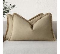Foindtower Ensemble de 2 housses de coussin lombaire décoratives à franges en lin de style bohème et rustique avec pampilles pour canapé, lit, salon, intérieur, 30 x 60 cm, kaki clair taupe