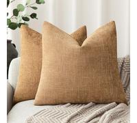 Foindtower Lot de 2 housses de coussin décoratives en chenille douce et texturée avec accent carré, taie d'oreiller unie et neutre pour canapé, sofa, chambre à coucher, salon, 66 x 66 cm, marron doré