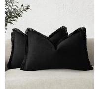 Foindtower Lot de 2 Housses de Coussin Lombaire décoratives à Franges en Lin de Style bohème et Rustique avec Pampilles pour canapé, Sofa, lit, Salon, décoration d'intérieur, 30,5 x 50,8 cm, Noir
