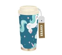 Foiosoh Gobelets à café de voyage avec couvercle - En acier inoxydable - Pour boissons chaudes et froides - Anti-fuite - Motif licornes et nuages - Bleu sarcelle - 500 ml