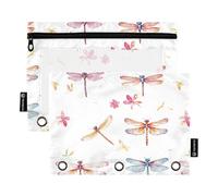 Foiosoh Lot de 2 jolies libellules colorées, blanches, à 3 anneaux, avec fermeture éclair, pour l'école, les outils d'écriture, accessoires de rangement