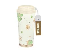Foiosoh Tasse à café isotherme en acier inoxydable avec couvercle Motif dinosaures mignons Beige et vert 500 ml
