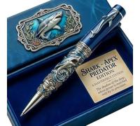 Fokayo Stylo « Requin, prédateur suprême » - Stylo robuste « Gardien de l'océan » avec gravures de vagues en 3D et détails argentés - Cadeau original sur le thème marin pour les collectionneurs (#B)