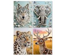 Fokenzary Kit de peinture à perles pour adultes 5D Tigre, Léopard, Éléphant, Cerf, Perle, Peinture sur Toile pour Débutants, Loisirs Créatifs pour Salon 4 Pièces Art Mural (30 x 40 cm x 4 pièces)