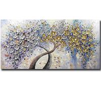 Fokenzary Peint à la main abstrait moderne fleurs épaisses effet 3D couteau peinture sur toile encadrée prête à accrocher (40,6 x 81,3 cm)