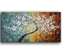 Fokenzary Peint à la main abstrait moderne fleurs épaisses effet 3D peinture sur toile encadrée prête à accrocher (50,8 x 101,6 cm)