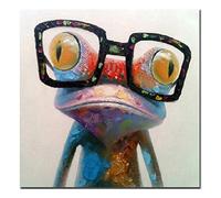 Fokenzary Peint à la main peinture à l'huile mignonne grenouille avec des lunettes sur toile tendue et encadrée moderne Pop Art mur de toile 16x16in
