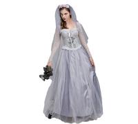 FOKPLEA Costume de mariée morte pour femmes avec voile et bandeau floral pour fêtes et événements, gris, taille S