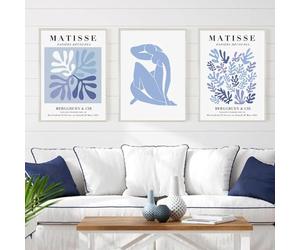FOKTMS Affiche abstraite de Matisse, exposition de feuilles florales bleues, peinture sur toile, esthétique, décoration murale pour salle d'impression, 40x60 cm, 3 pièces sans cadre