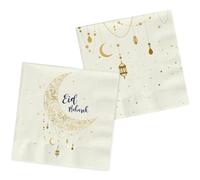 Folat 24894 Eid Mubarak Serviettes Etoile Lune Blanc Or 33x33 cm 20 pièces-Décoration Ramadan Aid Moubarak, 33 x 33 cm