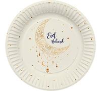 Folat 24907 Eid Mubarak Assiettes Etoile Lune Blanc Or 23 cm 8 pièces-Décoration Ramadan Aid Moubarak