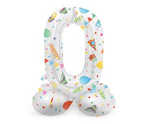 Folat 63960 Ballon Aluminium Numéro avec base Chiffre 0 Joyful Party 72 cm-Pour Date, Anniversaire, Décoration, pas besoin d'hélium, Multicolore