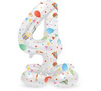 Folat 63964 Ballon Aluminium Numéro avec base Chiffre 4 Joyful Party 72 cm-Pour Date, Anniversaire, Décoration, pas besoin d'hélium, Multicolore