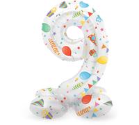 Folat- Zahl 63969 Ballon Aluminium Numéro avec Base Chiffre 9 Joyful Party 72 cm-pour Date, Anniversaire, Décoration, Pas Besoin d'hélium, Multicolore