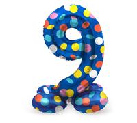 Folat 63979 Luftballon Geburtstag Stehender Ziffer 9 Colorful Dots Blau mit farb