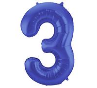 Folat 65923 Ballon Aluminium Numéro Chiffre 3 Mate métallique Bleu 86 cm - héliumballon pour Date d'anniversaire, Anniversaire, Décoration