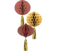 Folat 68497 Golden Dusk Pompons 3 Pièces Gris or-Décoration, Eventail Boule, Guirlandes fête d'anniversaire, ventilateurs en papier creux, Multicolore, 30 cm
