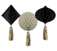Folat 68693 Décoration d'anniversaire Noir, Crème, Champagne Or - Kit boule en papier - Crème Noir - 3 pièces - Une décoration Happy Birthday chic et charmante