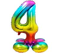 Folat- Number Ballon en Aluminium numéro 4, 64294, Arc-en-Ciel avec Base, Costumes