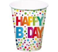 Folat Décoration d'anniversaire blanc colorés Gobelets en papier-Points-Happy B'day-250 ml-8 pièces, 68512, Multicolore