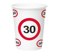 Folat Décoration d'anniversaire signalisation-Gobelets-panneaux d'interdiction Nombre 30-250 ml-8 pièces, 28379, Blanc