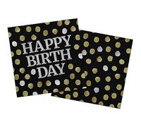 Folat - Serviettes de table Glossy Black 'Happy Birthday' 33x33cm - 20 pièces