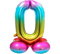 Folat- Zahl Ballon Aluminium numéro 0, 64290, Arc-en-Ciel avec Base, Costumes