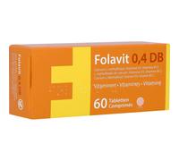 Folavit 0,4mg DB Acide Folique Vitamine D3 Vitamine B12 Comprimés 60