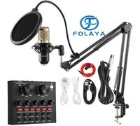 FOLAYA Microphone à Condensateur avec carte son V8, BM-800 , pour Enregistrement, Podcasting, Voix Off, Streaming, Home-Studio, (or
