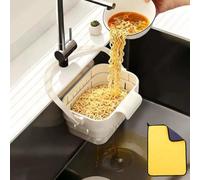 Foldable Hanging Sink Drain Basket, Stretchable Kitchen Colander with Flip Cover, Expandable Foldable Sink Hanging Drain Basket Strainer Colander for Fruits Vegetables (White)