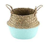 Foldable Seagrass Storage Basket | Woven Organizer for Clothes/Toys/Plants | Multi - Use Home Decor with Handles | 12cm Top Diameter, 5.1in Height (Blue)