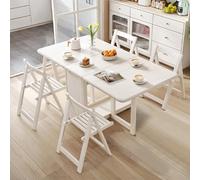 Folding Dining Table Set, Extendable Drop Leaf Solid Wood Table with Foldable Chairs, Drawers & Wheels, Space-Saving Design for Kitchen Dining Living Room Small Spaces(White+4 Chairs,140CM/55IN)