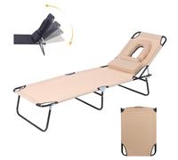 Folding Sun Lounger,Portable Beach Lounge Chair with Face Hole,4-Level Adjustable Outdoor Tanning Reclining Chairs,Headrest & Canopy Shade,265 lbs Capacity,for Camping,Travel (Beige, Without Canopy)
