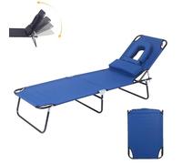 Folding Sun Lounger,Portable Beach Lounge Chair with Face Hole,4-Level Adjustable Outdoor Tanning Reclining Chairs,Headrest & Canopy Shade,265 lbs Capacity,for Camping,Travel (Blue, Without Canopy)