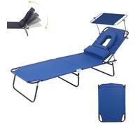 Folding Sun Lounger,Portable Beach Lounge Chair with Face Hole,4-Level Adjustable Outdoor Tanning Reclining Chairs,Headrest & Canopy Shade,265 lbs Capacity,for Camping,Travel (Blue, With Canopy)