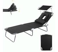 Folding Sun Lounger,Portable Beach Lounge Chair with Face Hole,4-Level Adjustable Outdoor Tanning Reclining Chairs,Headrest & Canopy Shade,265 lbs Capacity,for Camping,Travel (Black, With Canopy)