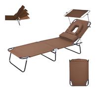 Folding Sun Lounger,Portable Beach Lounge Chair with Face Hole,4-Level Adjustable Outdoor Tanning Reclining Chairs,Headrest & Canopy Shade,265 lbs Capacity,for Camping,Travel (Coffee, With Canopy)