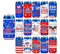 FoldTier Lot de 16 manchons de bière pour 250e anniversaire US 1776-2026 4 juillet Décoration patriotique pour 250e anniversaire Rouge/blanc/bleu