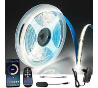 FOLGEMIR Ruban à COB LED Bluetooth, 5m Blanc Froid 6000K, dimmable bande lumineuse 8mm avec alimentation 24V & télécommande RF, éclairage uniforme, APP, Timer, Musique, auto-adhésif, IP20