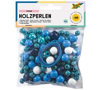 folia 22972 - Perles en bois, Ocean-Mix, bleu/turquoise, 60 g correspondent à jusqu'à 85 pièces, en différentes couleurs et formes, pour faire des colliers et des bracelets, y compris 2 ficelles d'environ 85 cm chacune