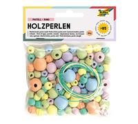 folia 22976 - Lot de 84 perles en bois - 6 couleurs différentes et 4 tailles différentes - Pour le bricolage de colliers et bracelets - Avec 2 cordons d'environ 85 cm chacun - Pastel