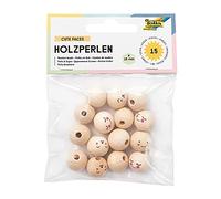 folia 22981 Lot de 15 perles rondes en bois avec des visages amusants, assorties en 3 motifs, naturelles, diamètre 15 mm, à enfiler pour colliers ou pour bricoler des figurines