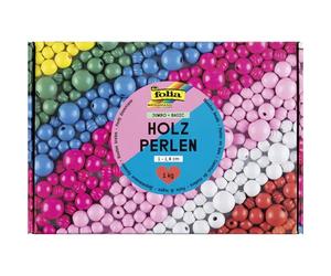folia 22992 - Perles en bois JUMBO BASIC, 1kg de perles de bricolage en bois en 7 couleurs, env. 2000 boules en bois avec Ø 1-1,8 cm