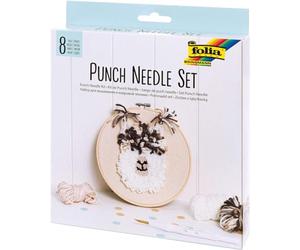 Folia 23411 Punch Needle Set complet de 8 pièces avec cadre à broderie, mointain, aiguille à punch, outil d'enfilage et laine, blanc et marron, taille unique