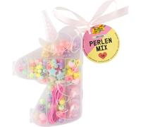 folia 32021 - Mix de Perles Unicorn, 170 pièces de différentes Formes et Couleurs, 2 m d'élastique à Enfiler et boîte de Rangement