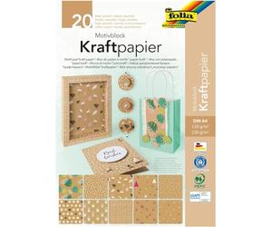folia 48798 - Bloc de 10 feuilles de papier kraft 120 g/m² et 10 feuilles de carton kraft 230 g/m², DIN A4, couleur unie, avec impression motif, bloc de reliure pour bricoler et créer