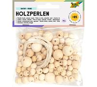 folia Lot de 84 perles en bois de 4 différentes pour fabriquer des colliers et des bracelets, avec 2 cordons d'environ 85 cm, naturel, taille unique