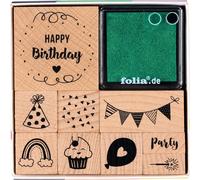 Set de tampons en bois HAPPY BIRTHDAY folia, 9 tampons + 2 encres bois TU
